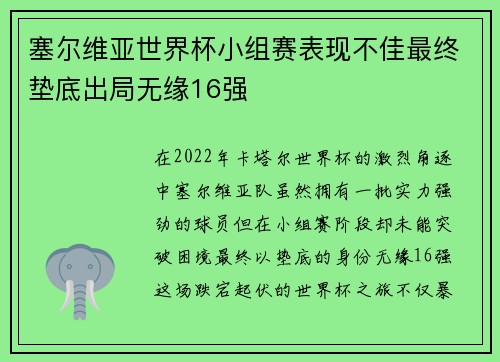 塞尔维亚世界杯小组赛表现不佳最终垫底出局无缘16强 塞尔维亚世界杯小组赛表现不佳最终垫底出局无缘16强